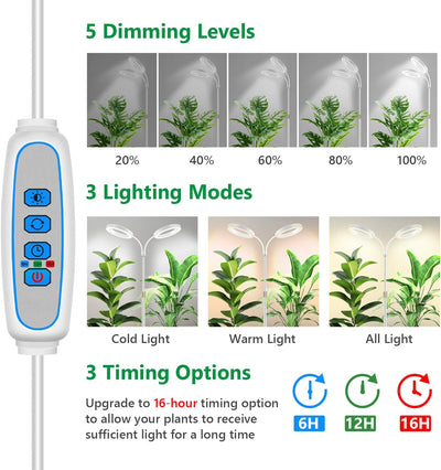 Luz LED crecimiento plantas 2 cabezales 68pulg soporte ajustable