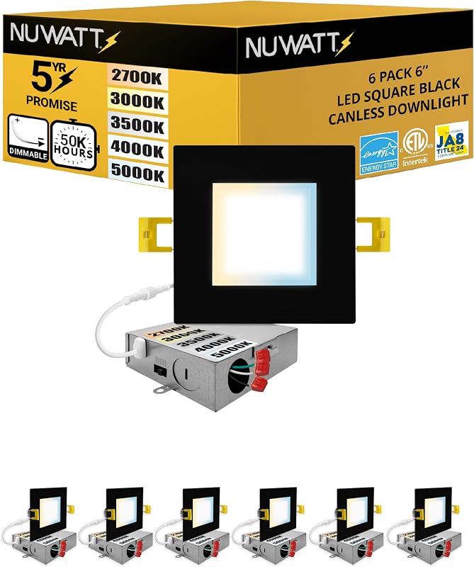 6 Luces LED Empotrables Cuadradas 6pulg Negro