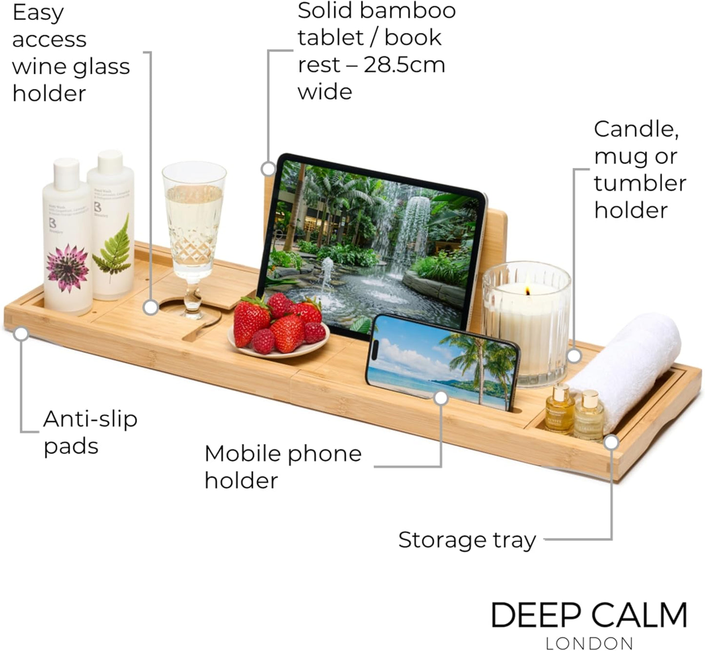 Bandeja baño bambú plegable extensible con accesorios