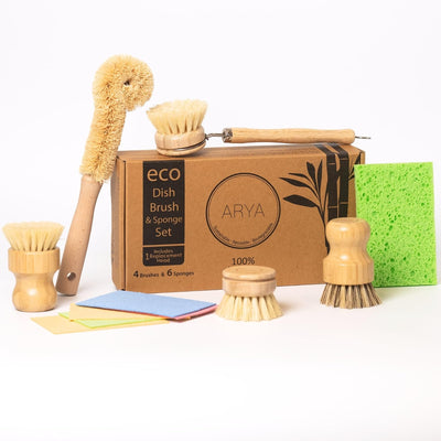 Juego 4 cepillos platos bambú fibra natural escoba olla