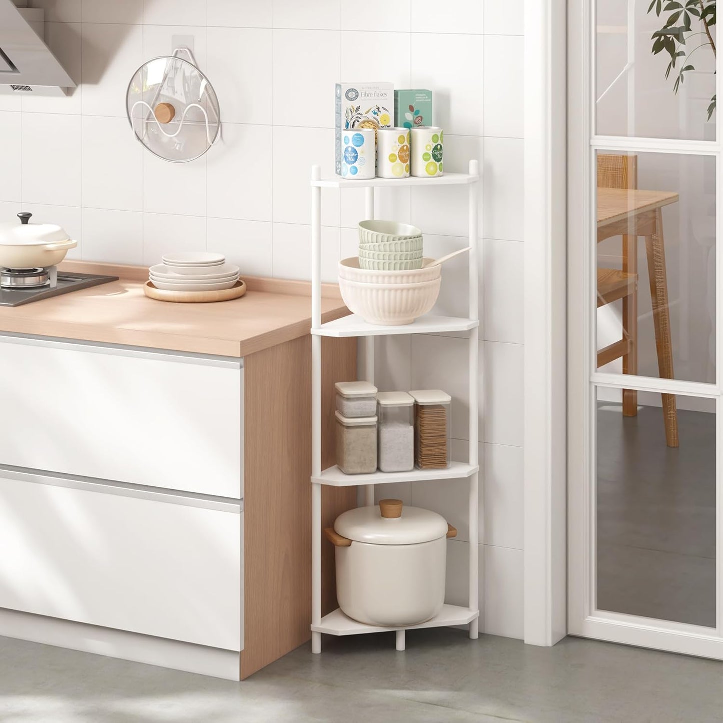Soporte esquina 4 niveles bambú blanco para oficina cocina