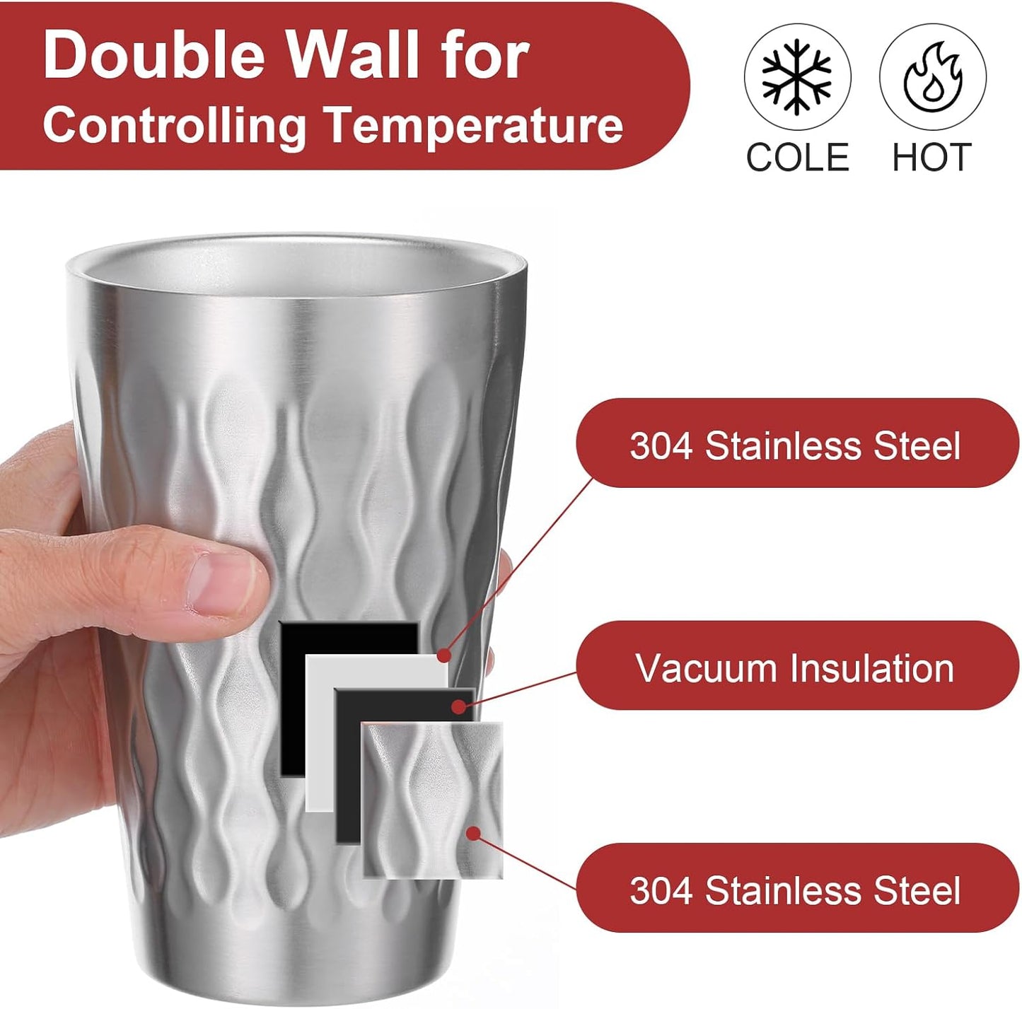 4 Vases Acero Inox Doble Pared 16oz Aislados Apilables