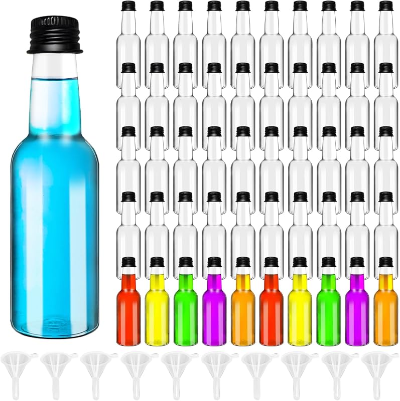 50 Botellas Plástico Licor 2oz Tapa Negra 10 Embudos Bodas