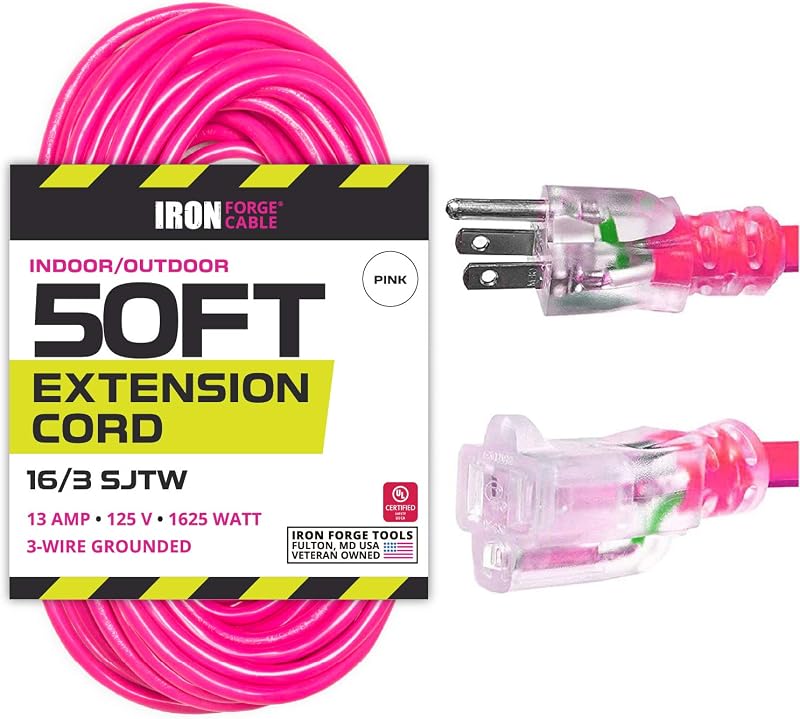 Cable extensión 50" 16/3 SJTW 13A 3 clavijas rosa neón