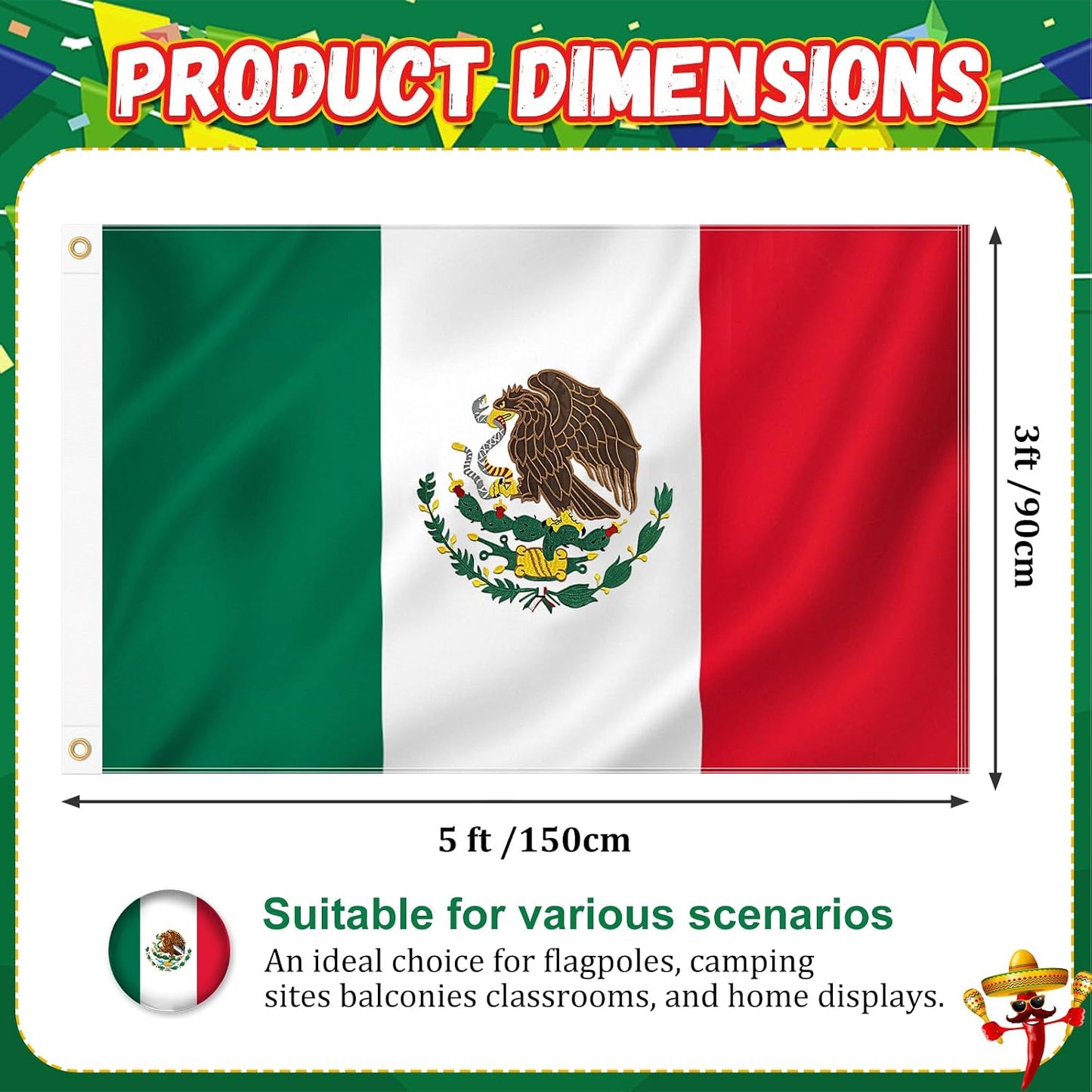 Bandera México 3x5ft tela Oxford 210D resistente