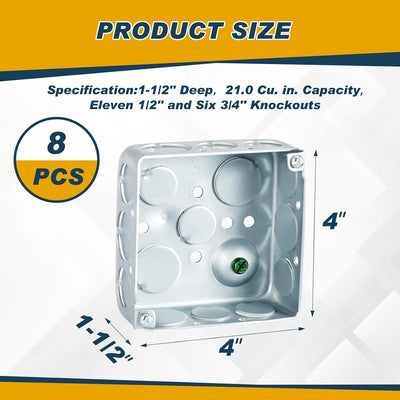 Caja eléctrica cuadrada acero galvanizado 4x4x1.5pulg 8 pzas