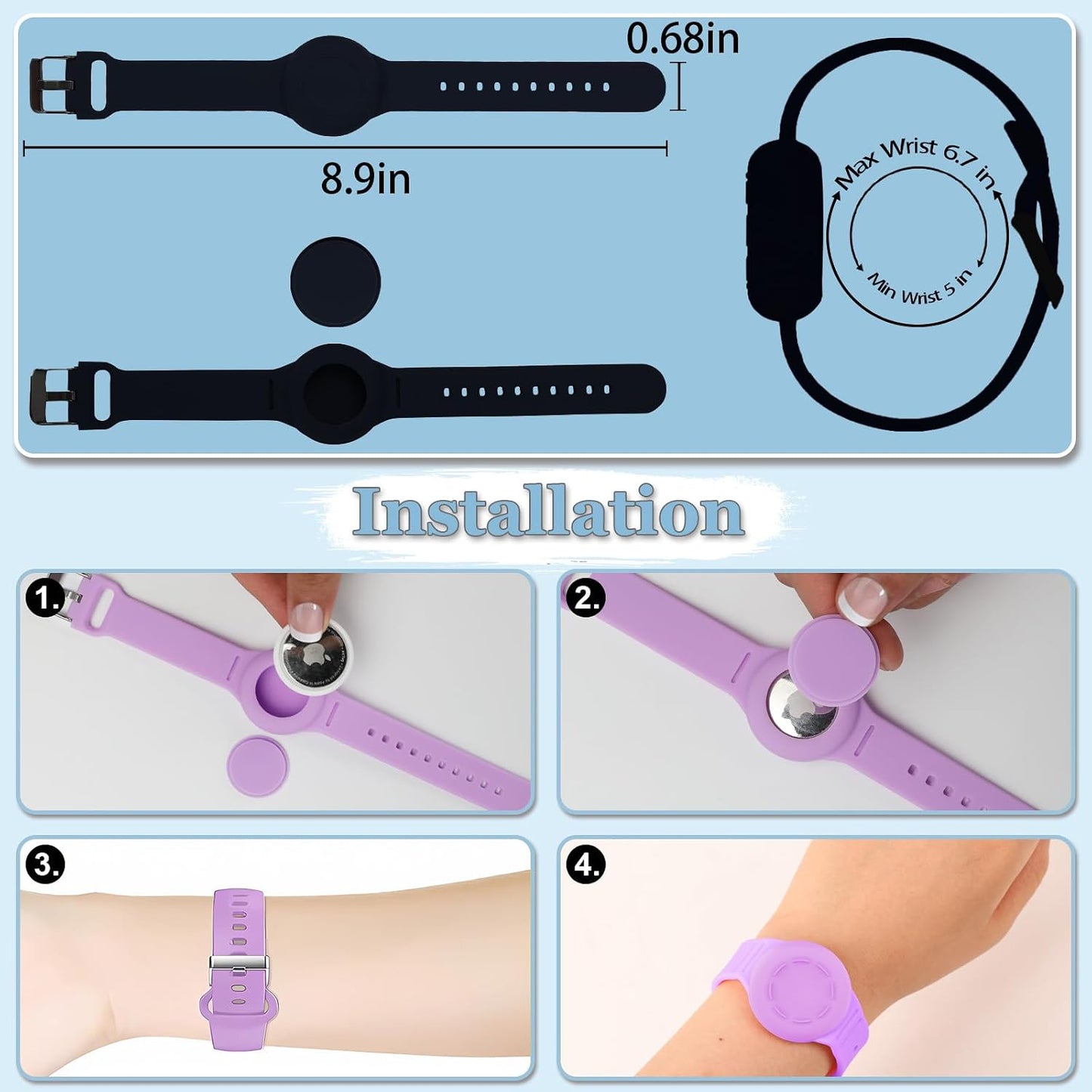 Pulsera Airtag silicona para niños ajustable negro y blanco