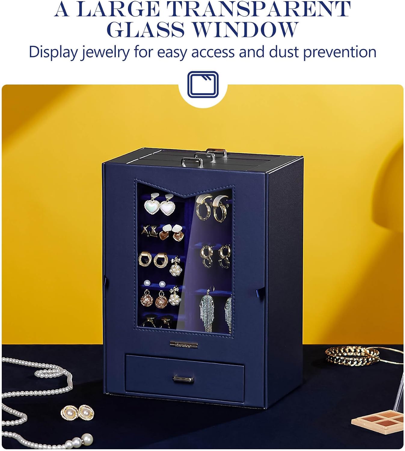 Organiz. joyas con ventanas ganchos collares anillos azul