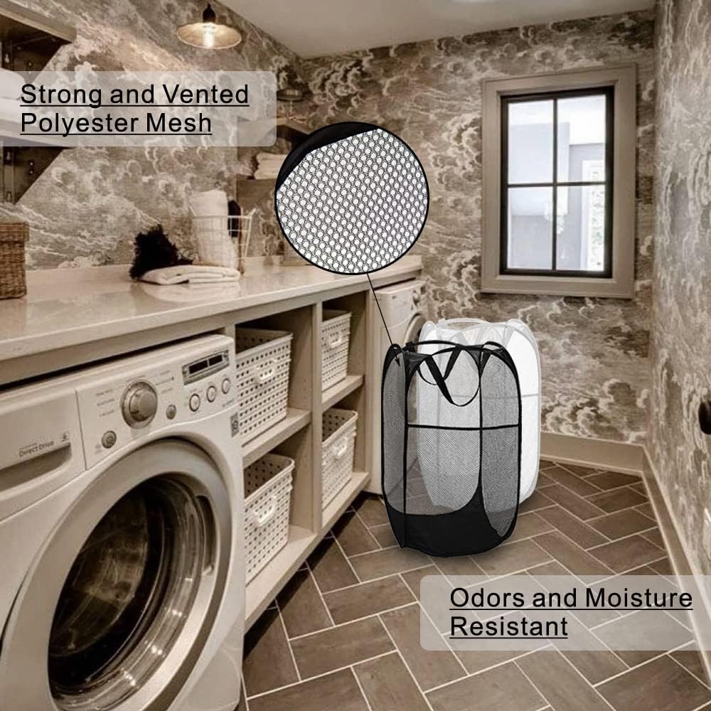 Cesta ropa sucia malla plegable con bolsillo negroblanco