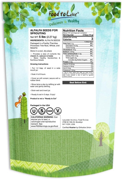 Semillas alfalfa para brotar 5lb puras veganas alta germitación