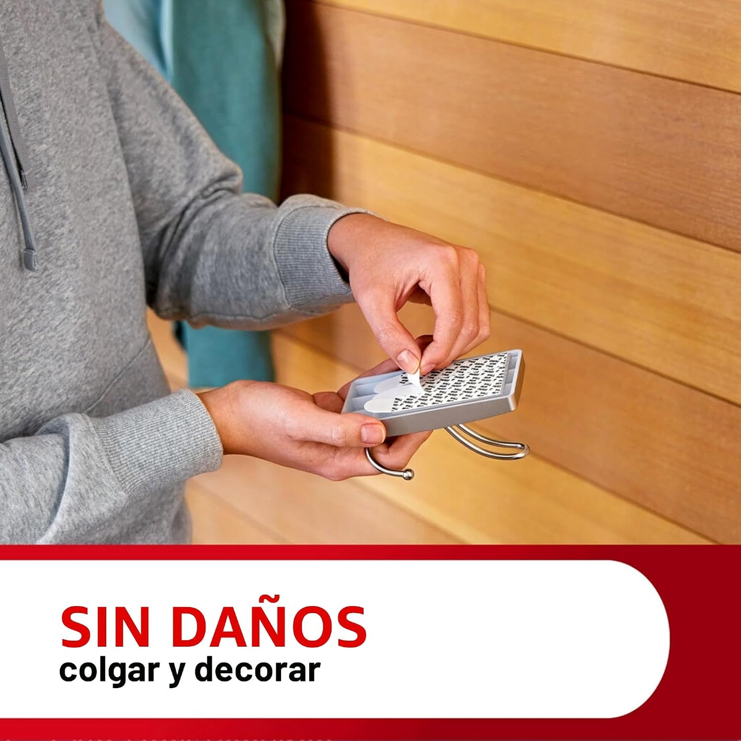 Gancho triple pared níquel satinado con tiras adhesivas