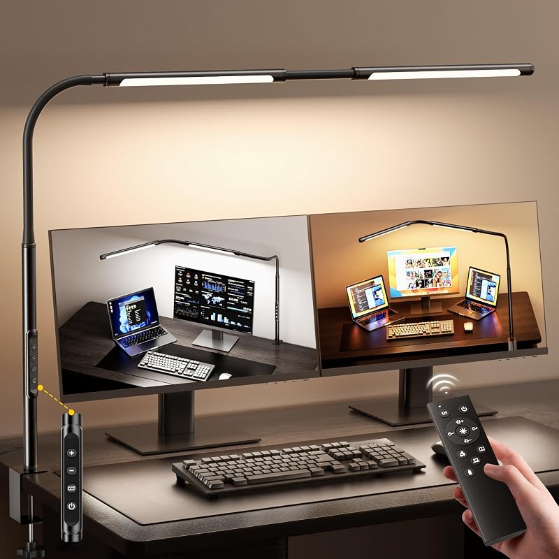 Lámpara LED escritorio cuello ganso ajustable doble pantalla