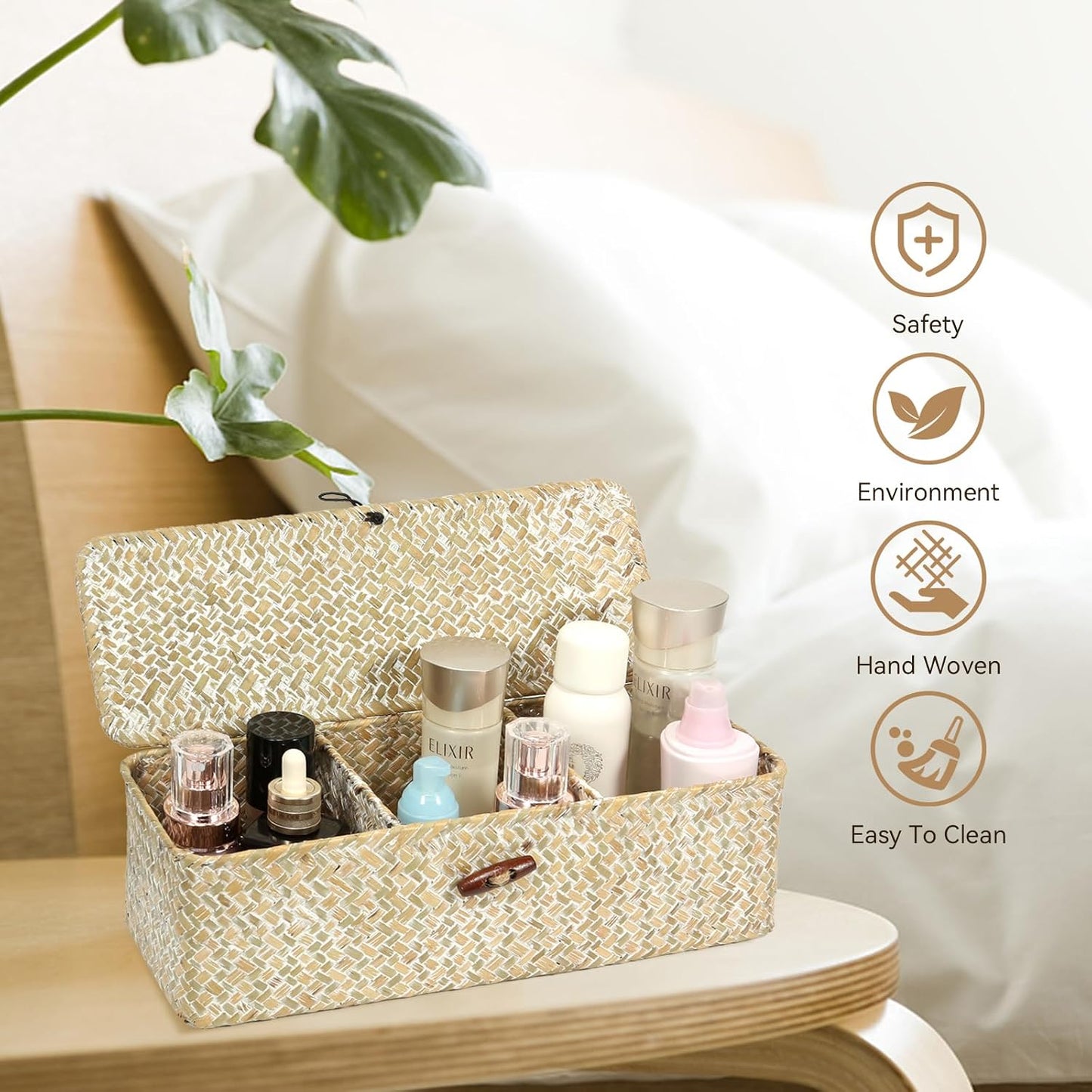 Cesta con tapa para estantes y baño con 3 secciones