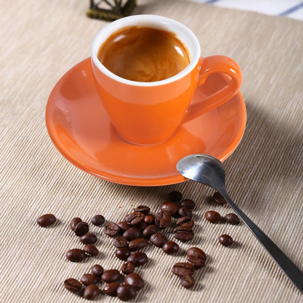 Set 2 Tazas Espresso Porcelana con Platillo y Cucharas Acero Inox