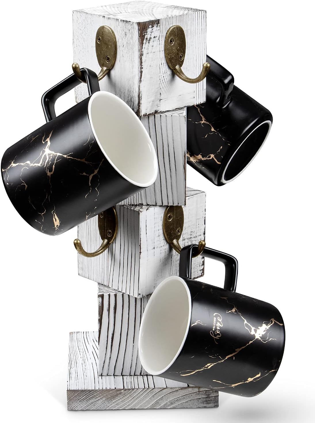 Soporte tazas café madera rústica con 8 ganchos