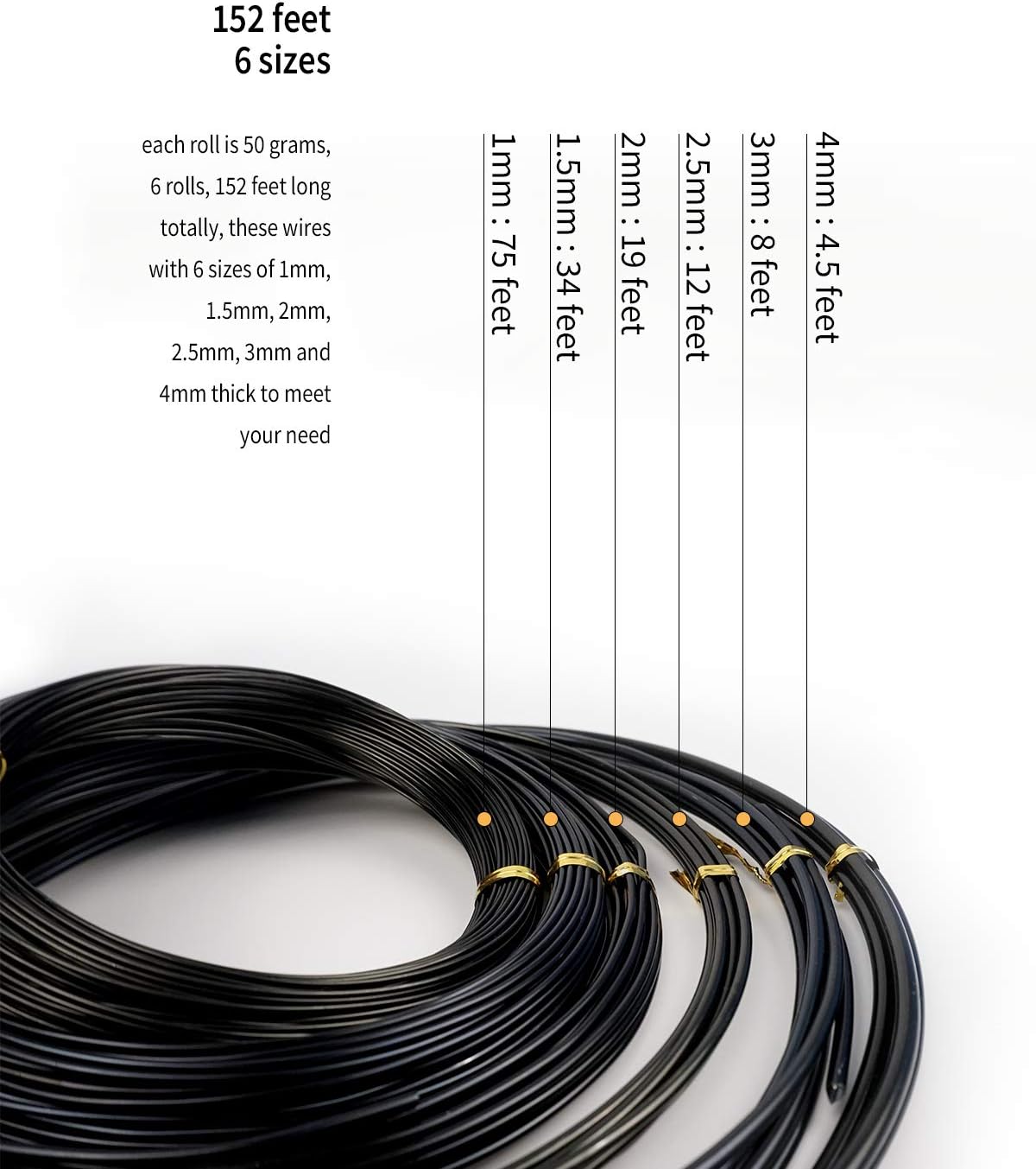 Kit 6 alambres aluminio negro para bonsái 1-4mm 152pies