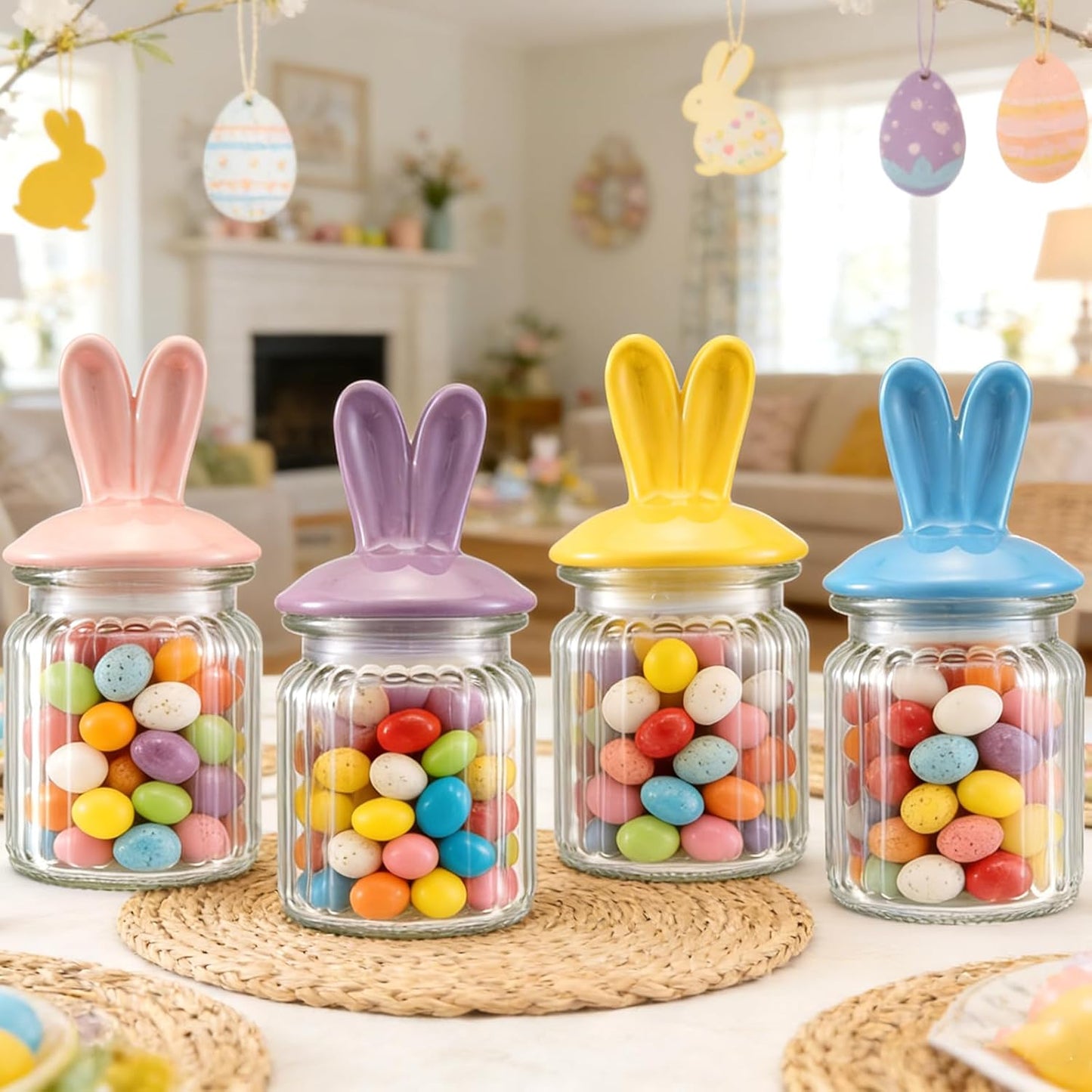 4 Tarros Cristal con Tapas Cerámica para Dulces Pascua