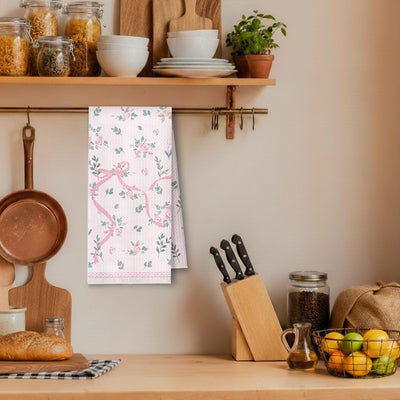 Toallas de cocina florales con lazo rosa rústicas tulipanes