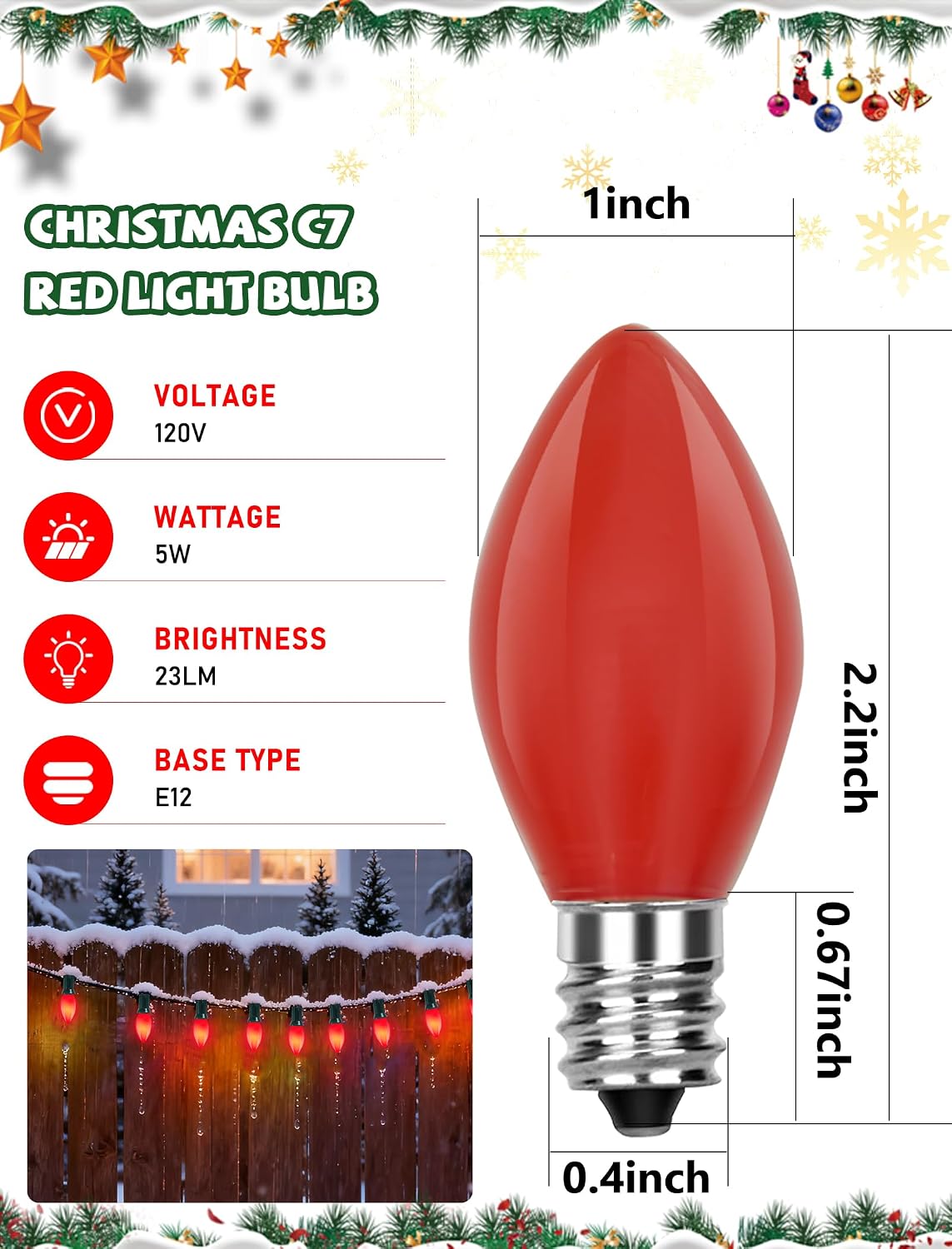 50 Bombillas C7 Cerámica Roja Luces Navideñas Vintage