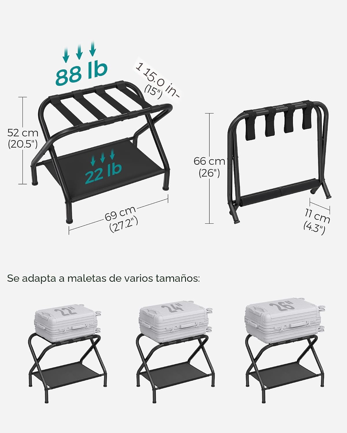 Portaequipajes 2en1 tela acero plegable 27x15x20" negro