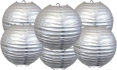 6 Faroles Redondos Papel Decoración Fiesta Plata 16pulg