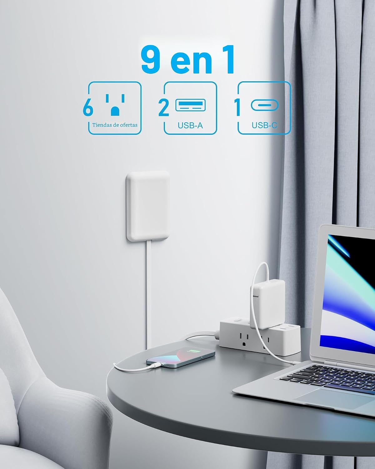 Cable extensión plano con 6 salidas y 3 USB, protector 2000J