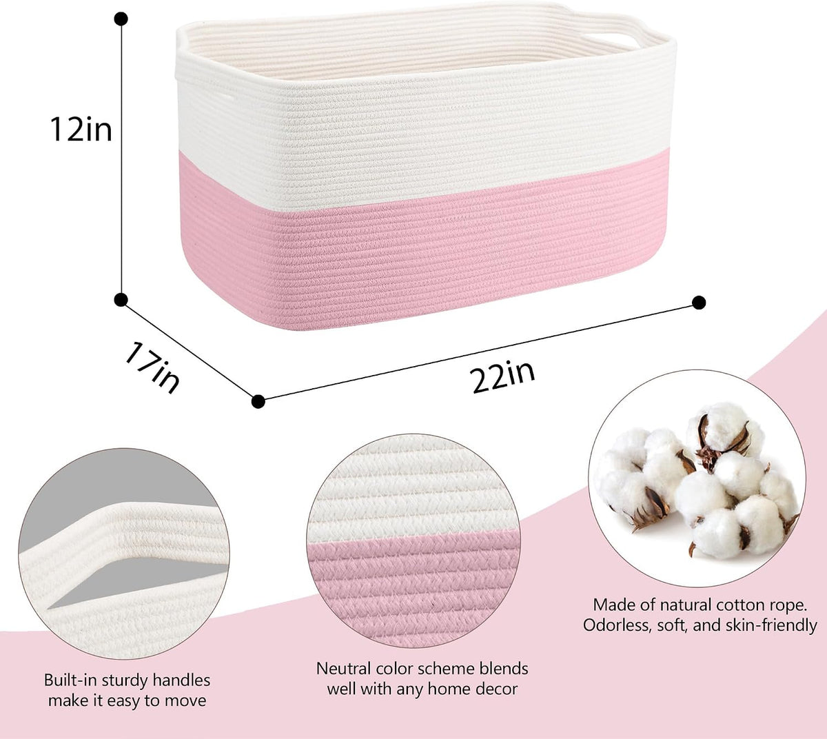 Cesta almacenamiento rosa 22x17x12pulg cuerda algodón sala