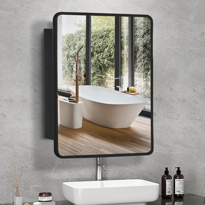 Espejo baño marco metal negro botiquín 30x24" aluminio