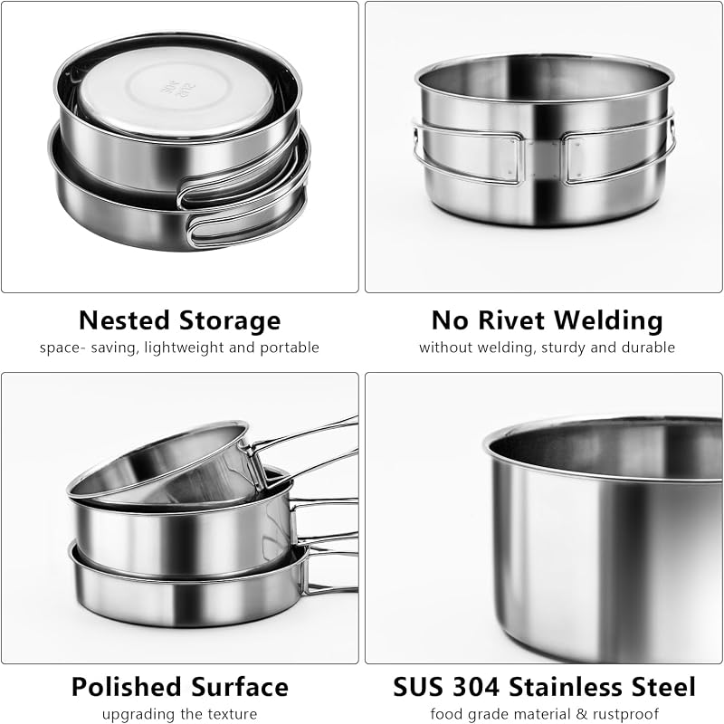 Set 4 Ollas Acero Inox 18/8 para Camping y Picnic