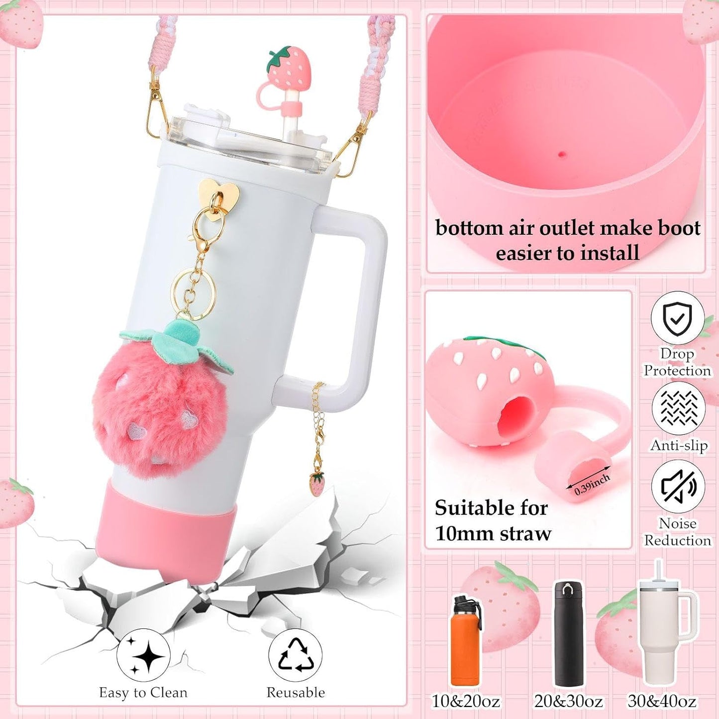 Set 6 accesorios fresa rosa compatibles con taza y botella