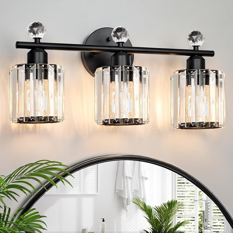Lámpara tocador cristal 3 luces vertical negra para baño
