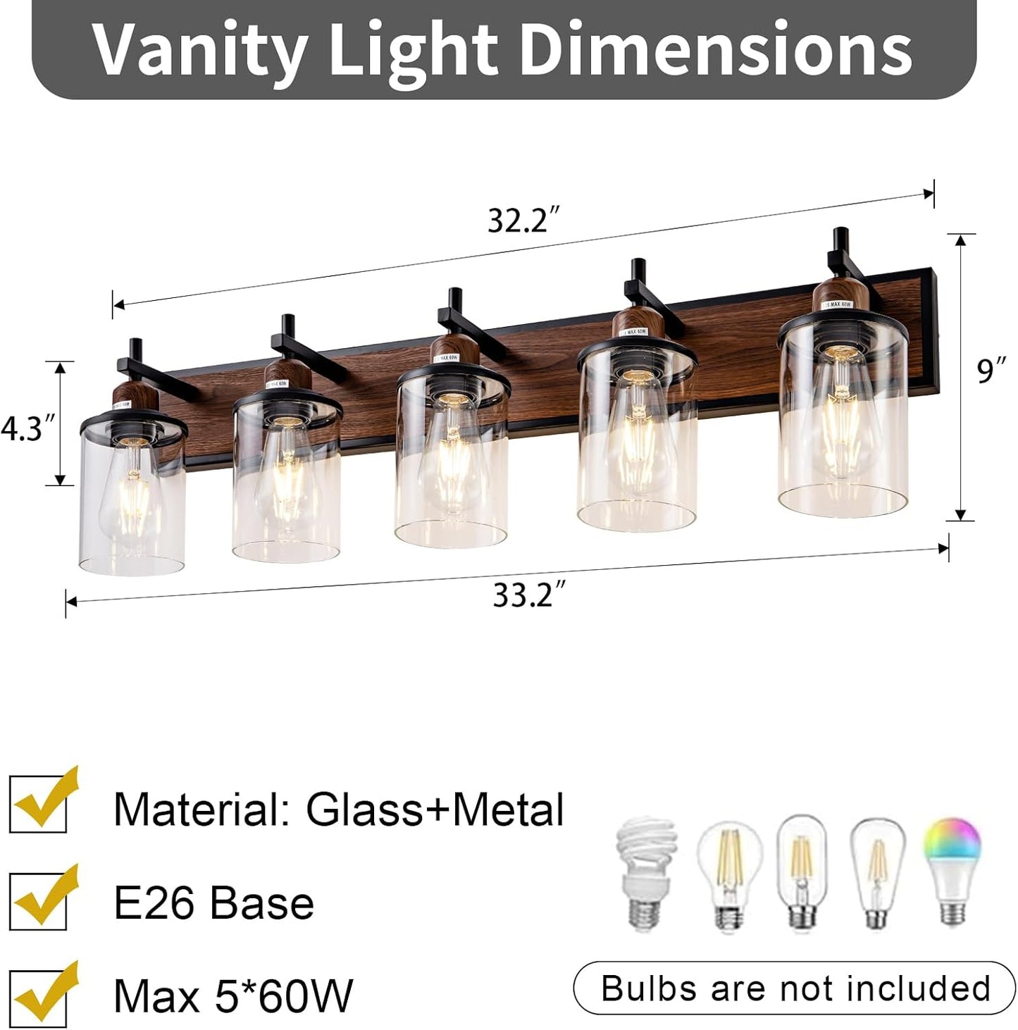 Lámpara tocad. baño 5 luces vintage metal pintado vidrio