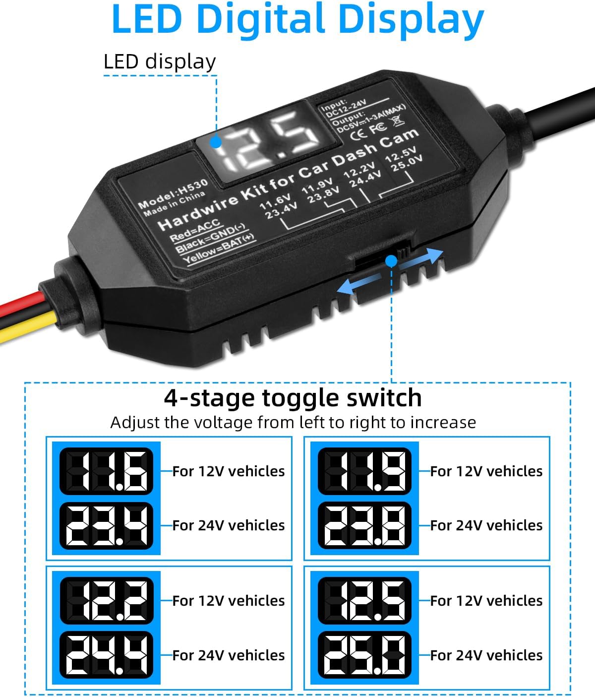 Kit cable USB-C cámara tablero 12v-24v a 5v con LED
