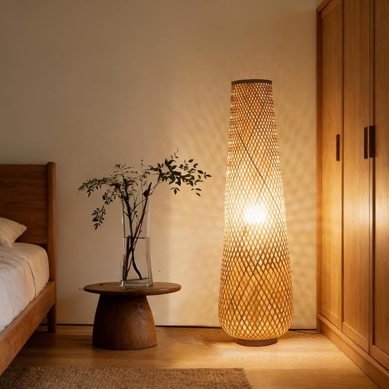 Lámpara pie bambú tejida bohemio LED sala estudio