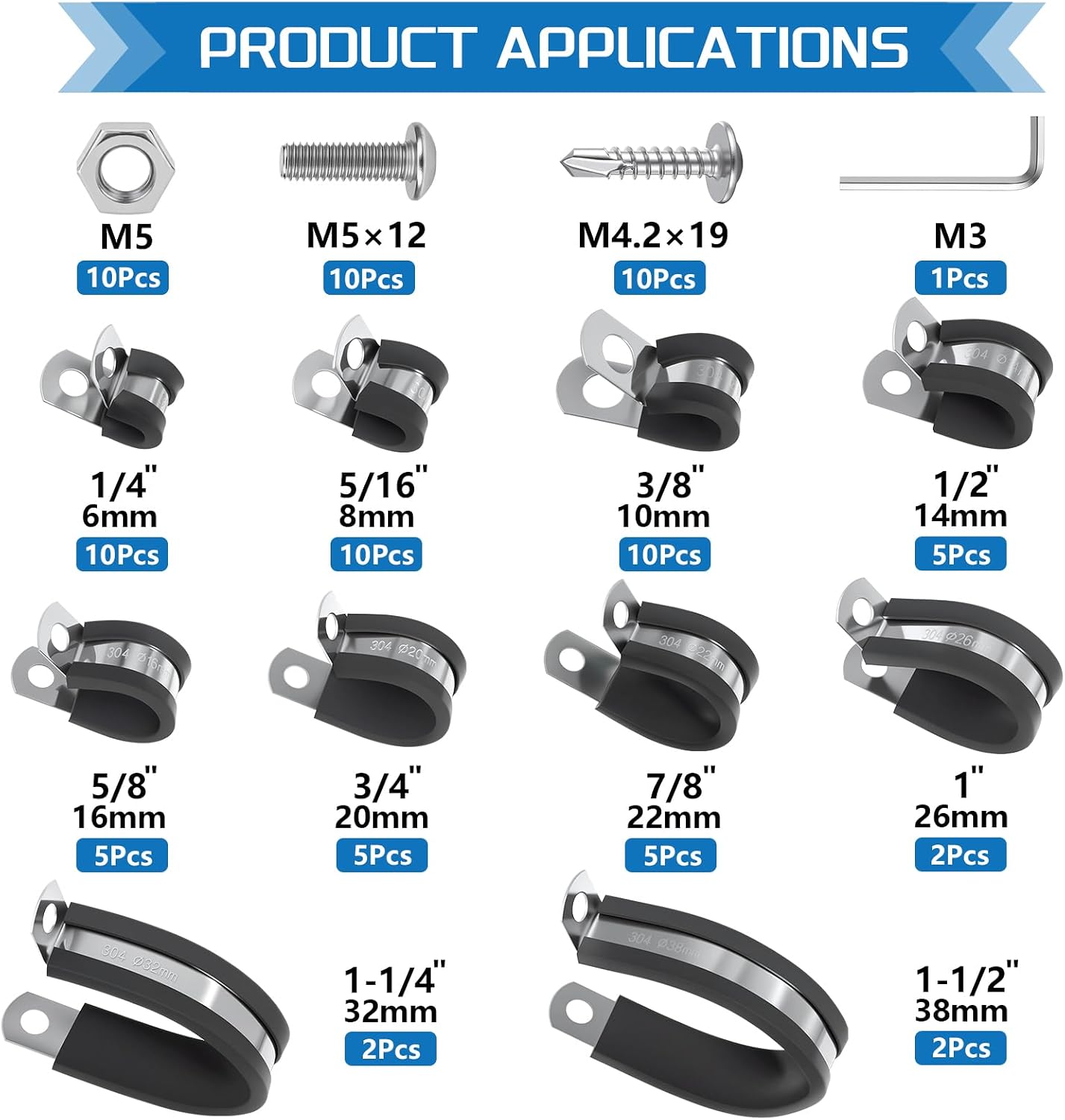 Set 10 abrazaderas cable acero inox 304 goma 1/4-1-1/2