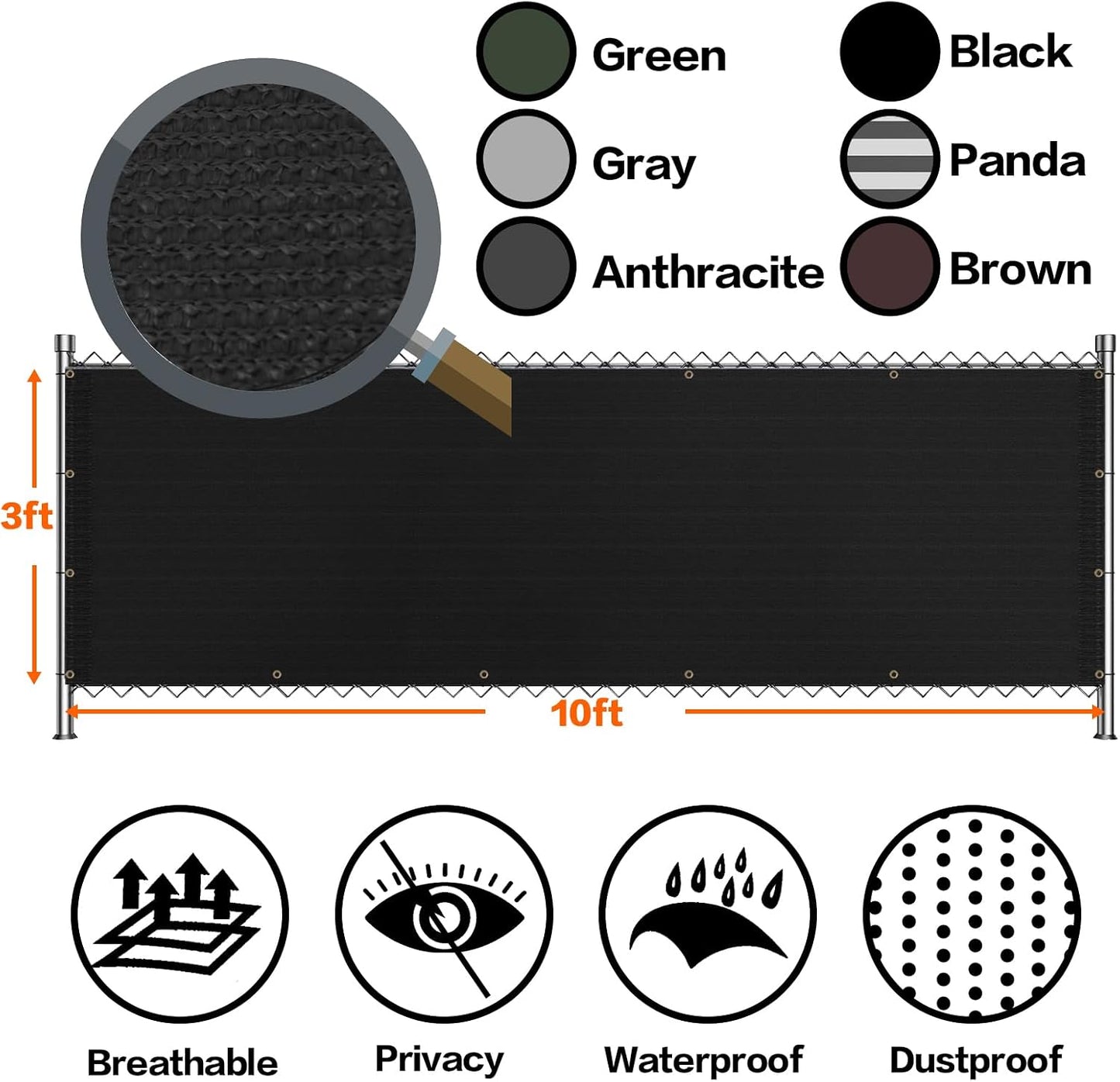 Cubierta valla privacidad 3x10ft UV resistente negro