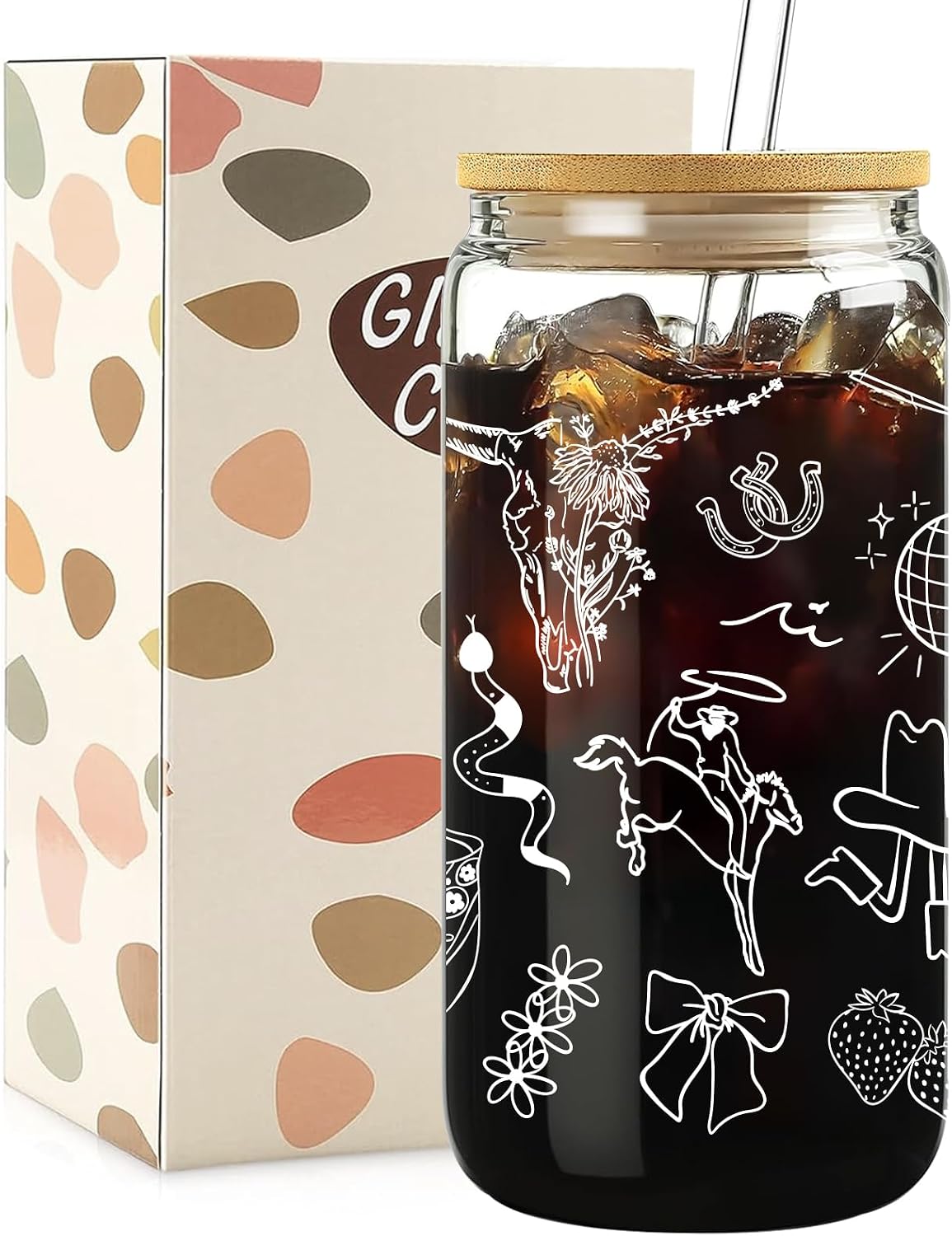 Taza cristal con tapa y pajilla decoración vaquera fiesta