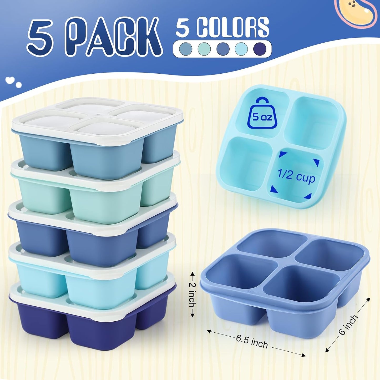 5 Cajas Aperitivos 4 Compartimentos Reutilizables Azul