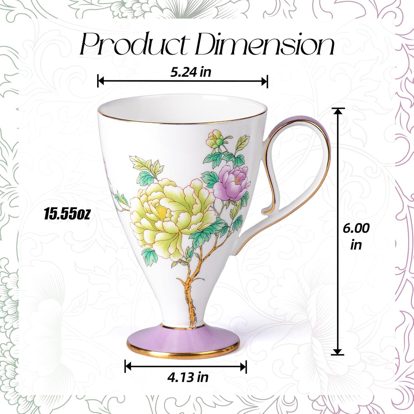 Set 2 Tazas Cerámica Fina 15oz para Capuchino Té Florales