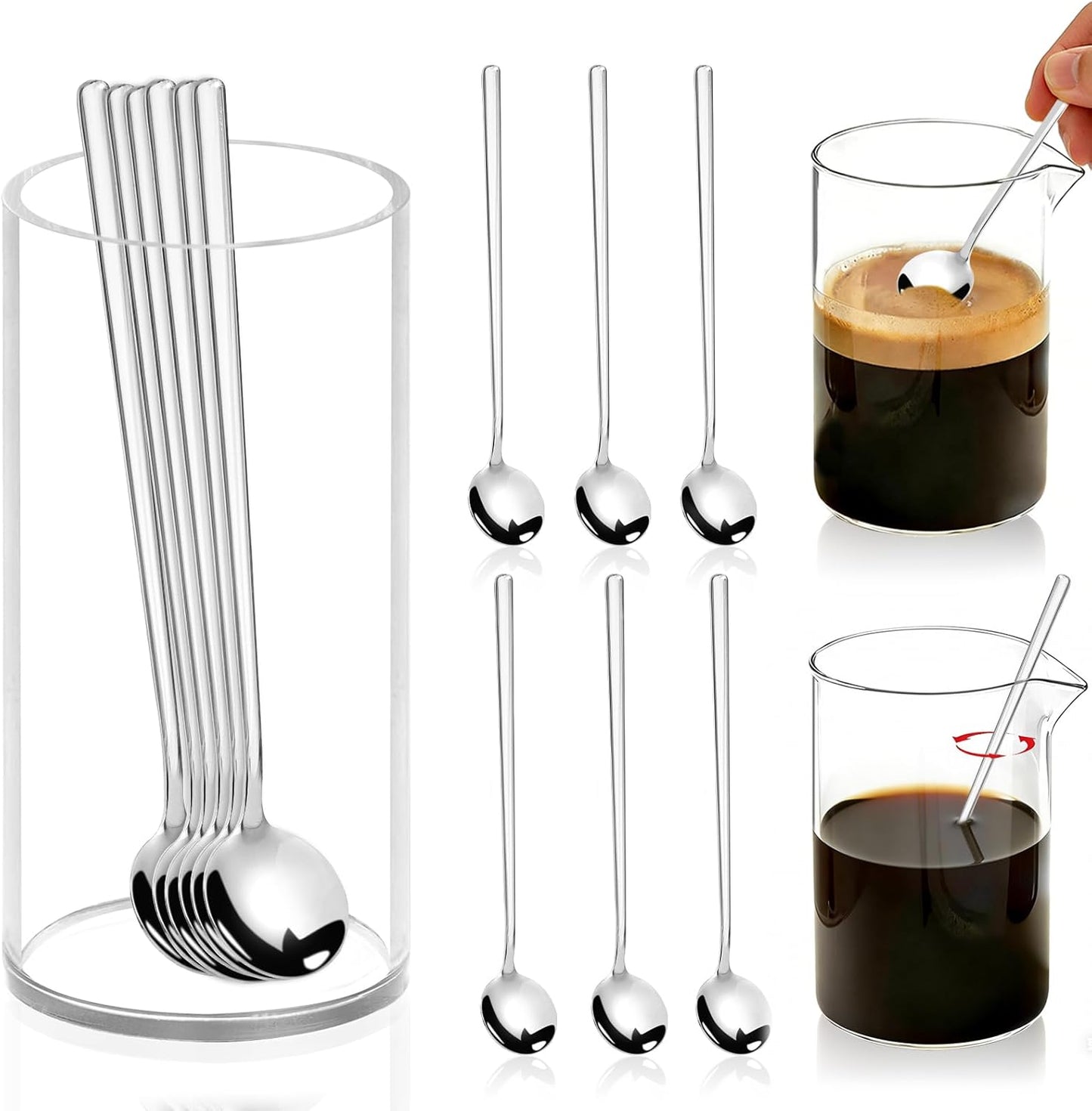 6 cucharas de café plateadas con soporte de acero inoxidable