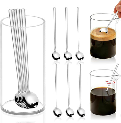 6 cucharas de café plateadas con soporte de acero inoxidable