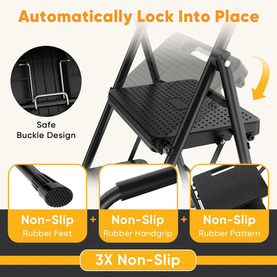 Escalera plegable 3 escalones acero negro antideslizante