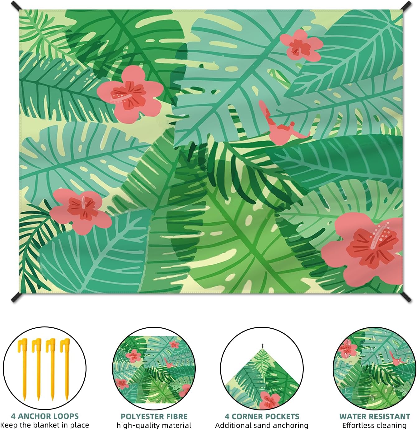 Manta playa impermeable 83x106" 4 estacas 4 bolsillos verde
