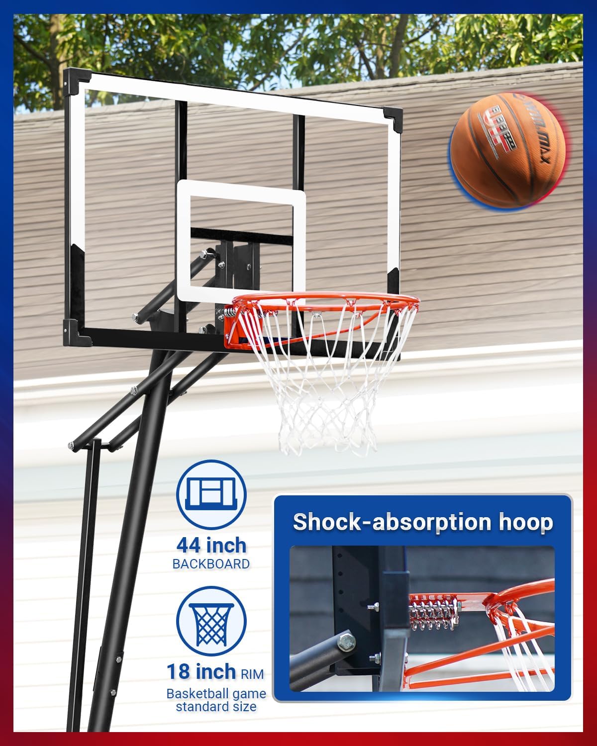 Porta baloncesto 44pulg base ajustable 4.9-10ft