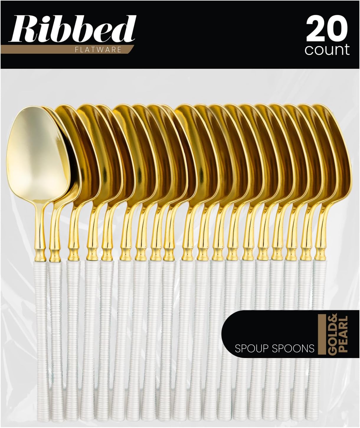 Set 40 cucharas sopa plástico doradas blancas nervaduras