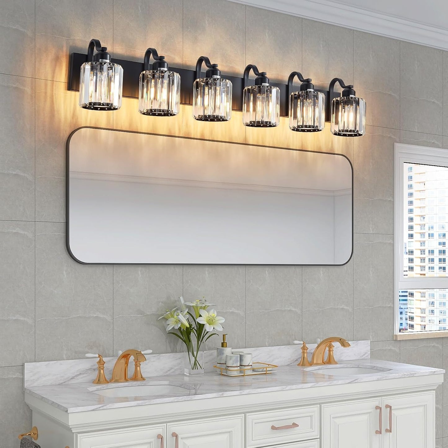 Lámpara baño cristal negro 6 luces sobre espejo