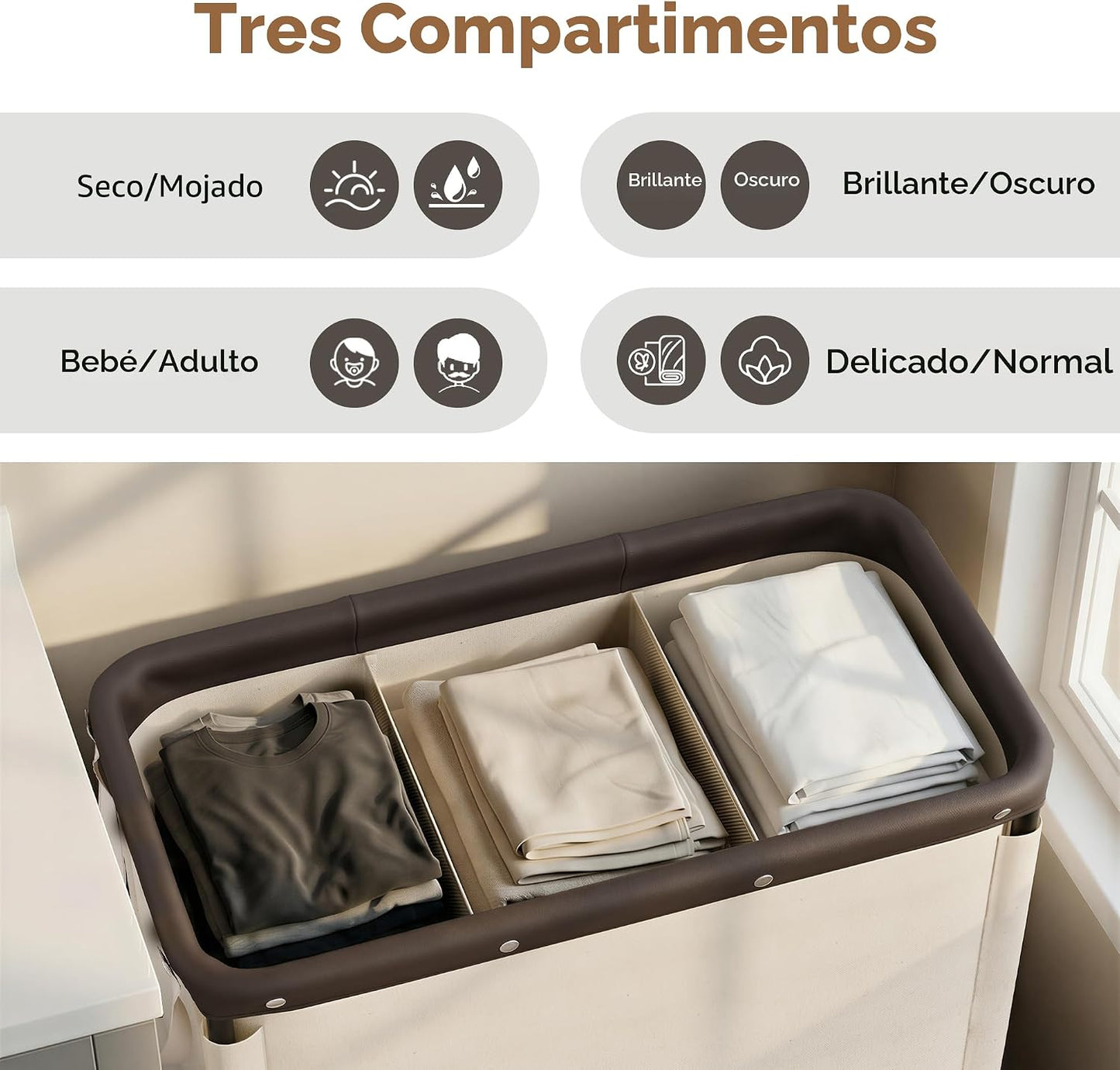 Cesta lavandería 3 secciones con ruedas 120L