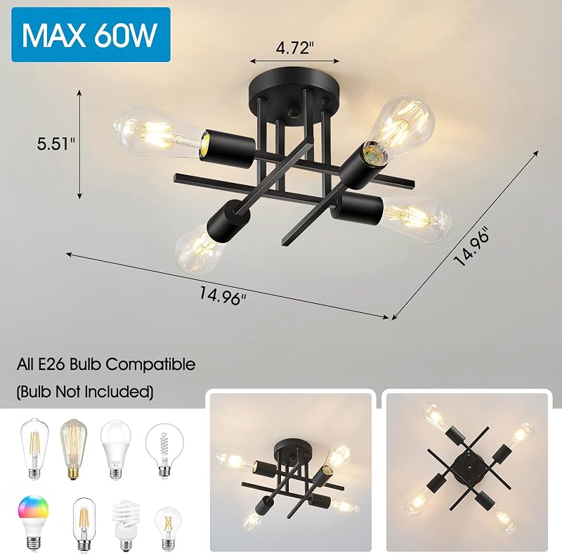 2 Lámpara techo cocina negro mate 4 luces E26 estilo granja