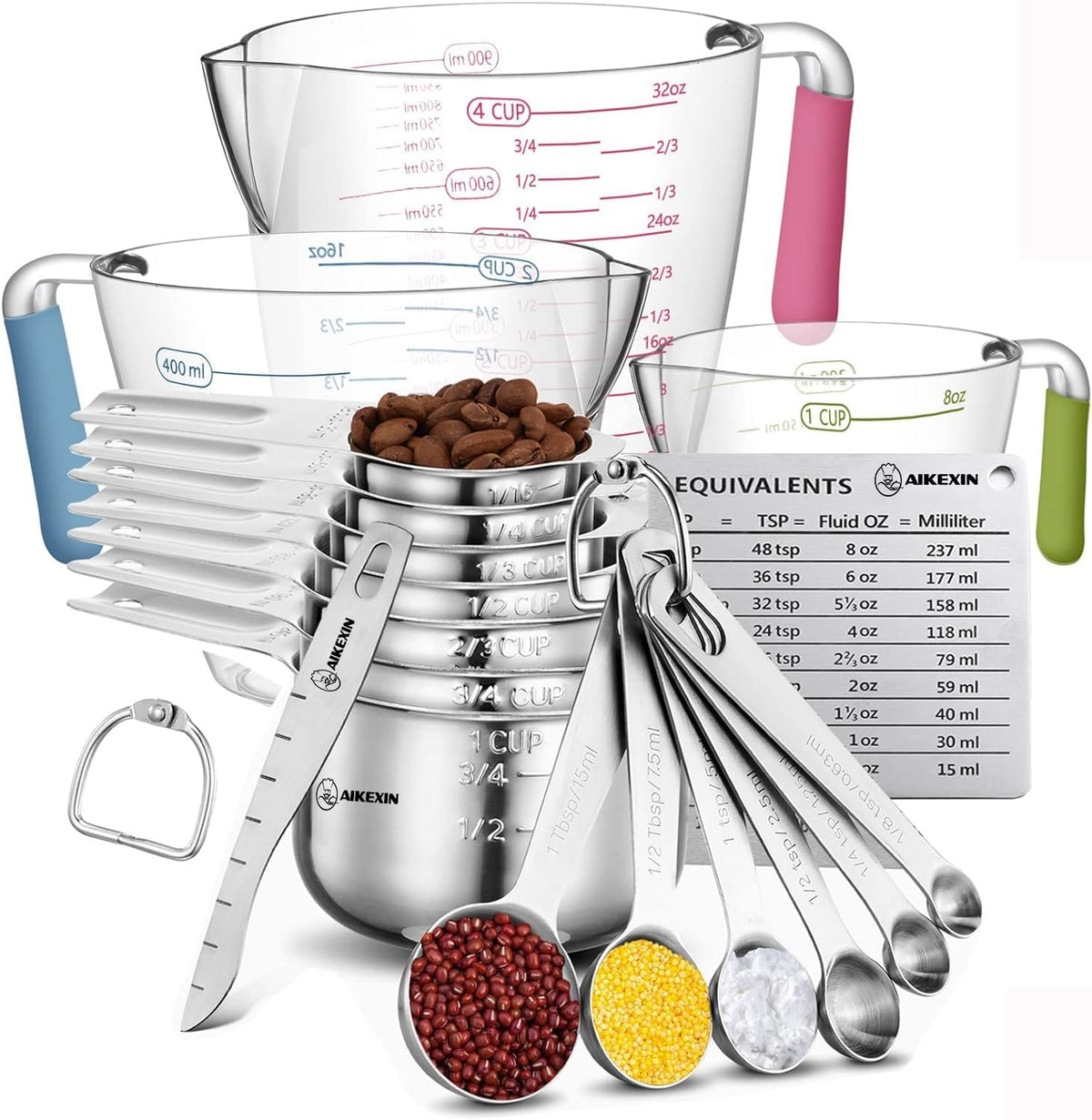 Set 20 Tazas y Cucharas Medidoras Acero Inox Plástico