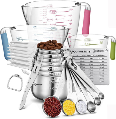 Set 20 Tazas y Cucharas Medidoras Acero Inox Plástico